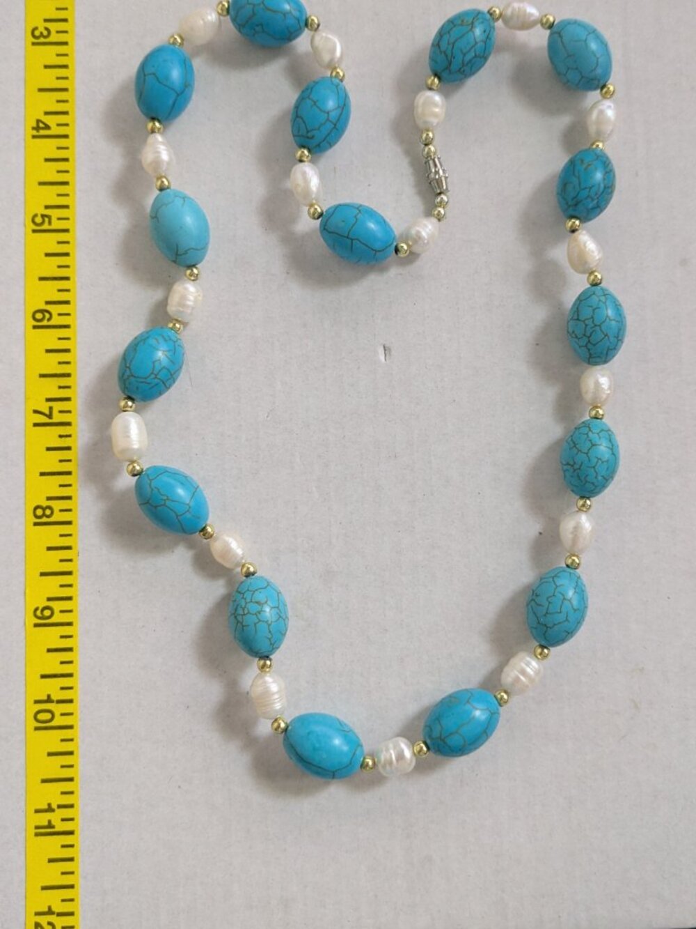 Turquoise Potato Pearl Silver Tone Beaded Barrel Clasp Necklace